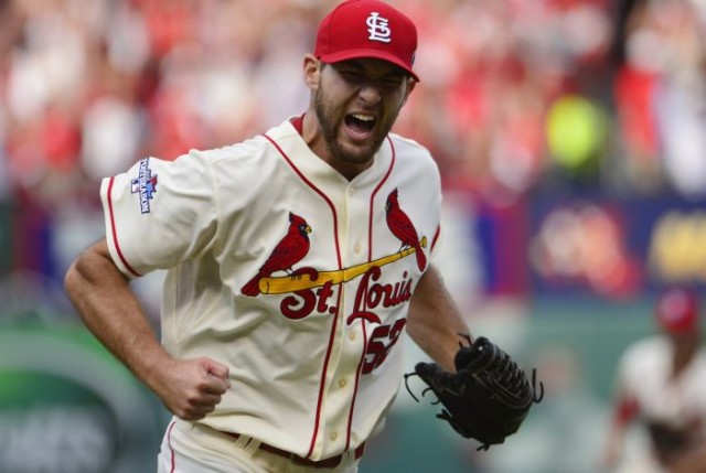 St. Louis Cardinals starting pitcher Michael Wacha reacts after retiring the Los Angeles Dodgers during the sixth inning in game two of the National League Championship Series baseball game at Busch Stadium. Credit: Scott Rovak-USA TODAY Sports 