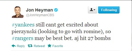 Heyman's tweet about the New York Yankees and A.J. Pierzynski 