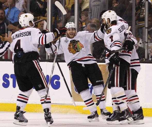The Chicago Blackhawks celebrate after Brent Seabrook 