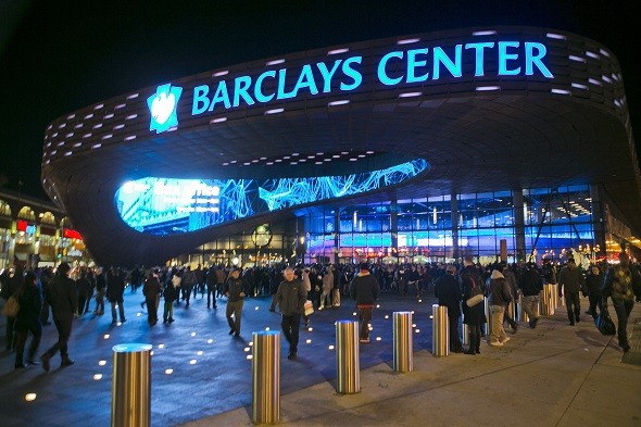 Crowds arrive outside the Barclays Center before the Brooklyn Nets