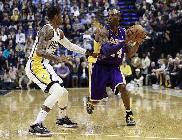 Los Angeles Lakers guard Kobe Bryant and Indiana Pacers forward Paul George