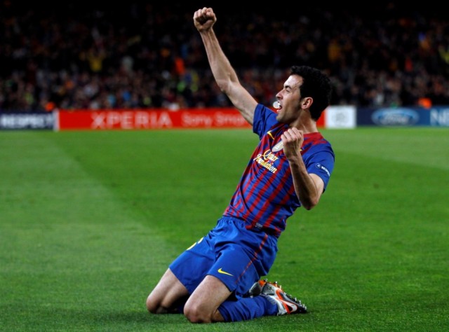 Barcelona's Sergio Busquets celebrates scoring against Chelsea during their Champions League semi-final second leg soccer match at Camp Nou stadium in Barcelona