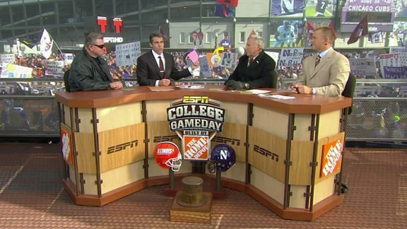 The ESPN College GameDay crew of Chris Fowler, Lee Corso and Kirk Herbstreit
