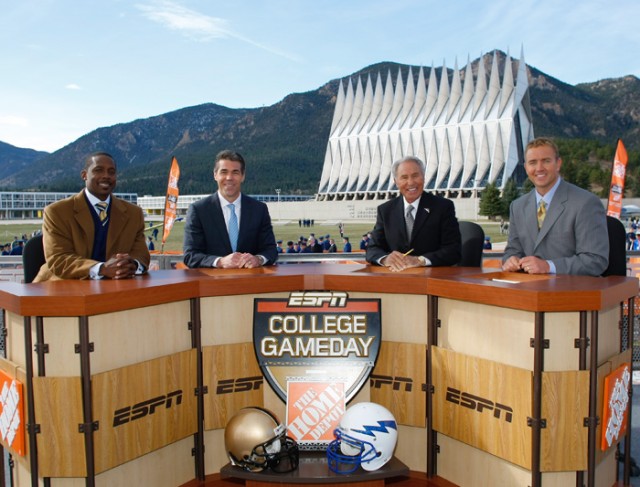 The ESPN College Football GameDay crew of Chris Fowler, Lee Corso, Kirk Herbstreit and Desmond Howard