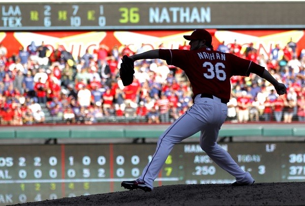 Texas Rangers pitcher Joe Nathan pitches against the Los Angeles Angels
