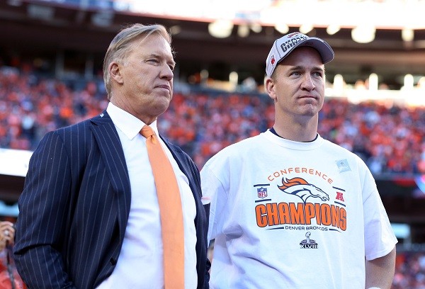 Denver Broncos executive vice president of football operations John Elway and quarterback Peyton Manning 