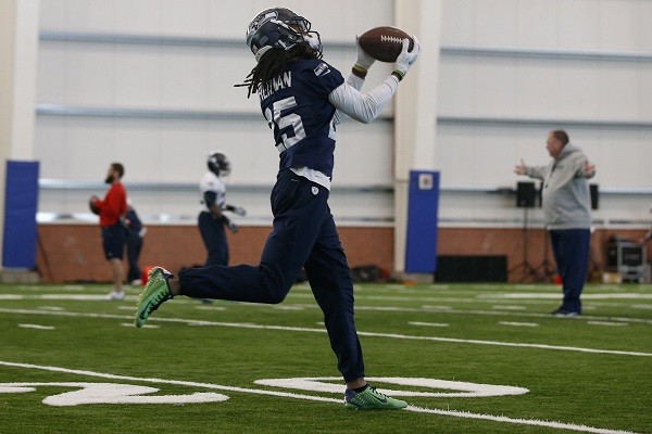 Seattle Seahawks defensive back Richard Sherman catches a pass during their NFL Super Bowl XLVIII 