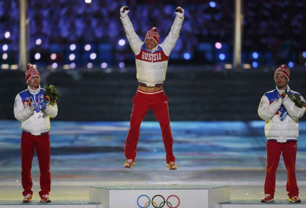 Russia's gold medallist Alexander Legkov jumps 