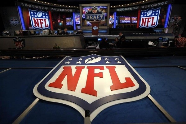 The NFL logo and set are seen at New York's Radio City Music Hall 
