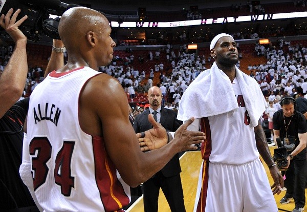 Miami Heat guard Ray Allen (34) celebrates with LeBron James