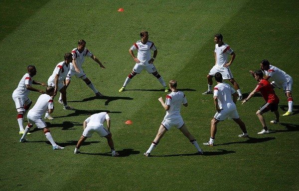 Germany players warm up before the 2014 World Cup Group