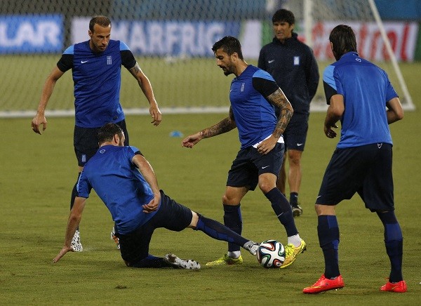 Greece's national soccer team players attend a training session at the Dunas 