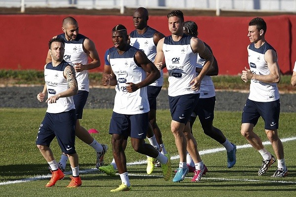 France's national soccer team players (L to R) Mathieu Valbuena, Karim Benzema, Paul Pogba, Eliaquim 