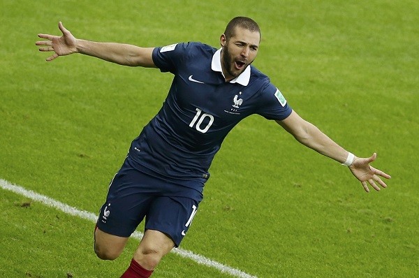 France's Karim Benzema celebrates his goal against Honduras