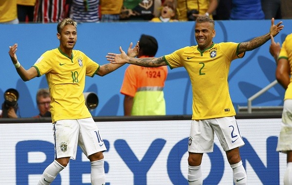 Brazil's Neymar and Daniel Alves