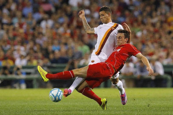 Liverpool's Jack Robinson and AS Roma's Antonio Sanabria (