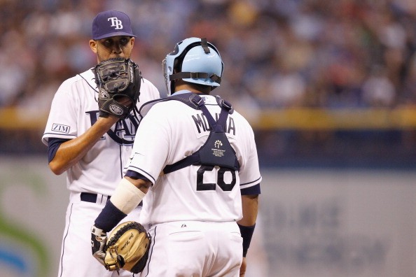 Jose Molina #28 of the Tampa Bay Rays comes to the mound to talk to David Price #14 of the Tampa Bay Rays 