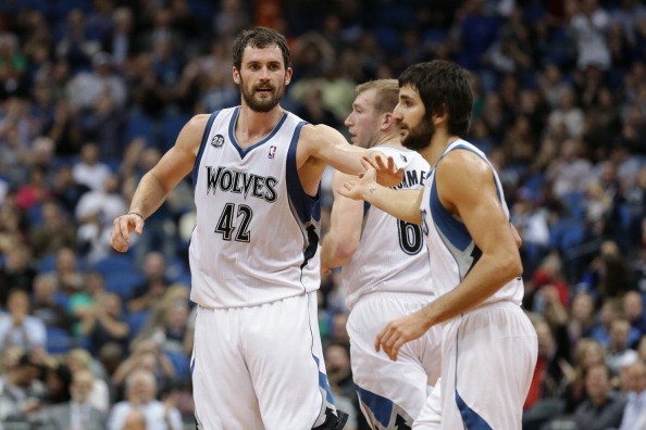  Kevin Love #42 and Ricky Rubio #9 of the Minnesota Timberwolves
