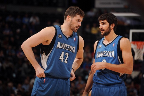 Kevin Love #42 and Ricky Rubio #9 