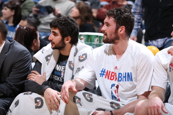  Ricky Rubio #9 and Kevin Love #42 of the Minnesota Timberwolves