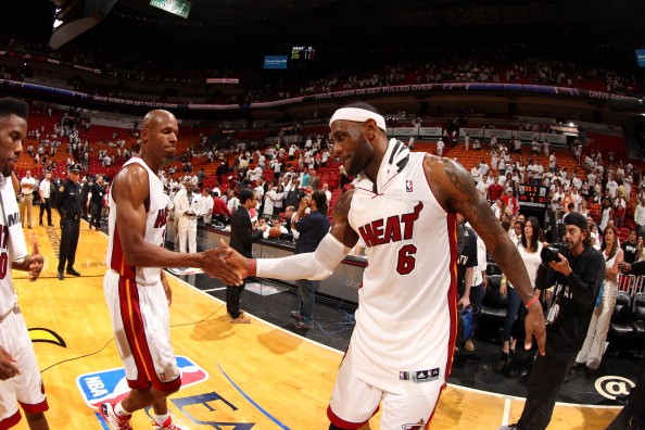  Ray Allen #34 and LeBron James #6 of the Miami Heat