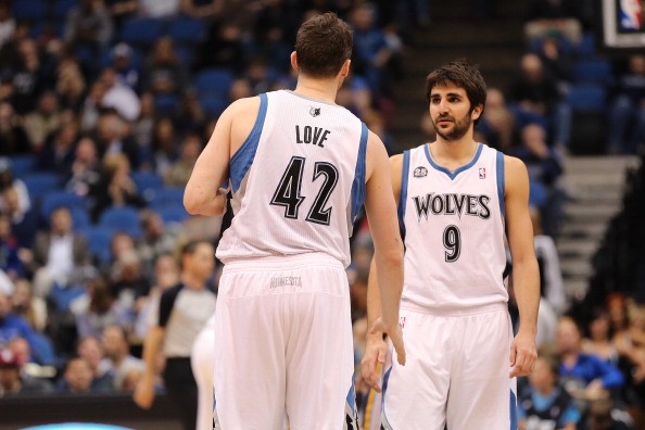 Kevin Love #42 and Ricky Rubio #9 of the Minnesota Timberwolves