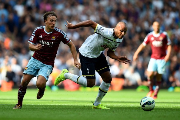 Mark Noble of West Ham and Younes Kaboul 
