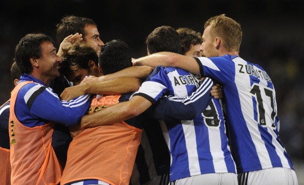 Real Sociedad's players celebrate after scoring during the UEFA Europa League