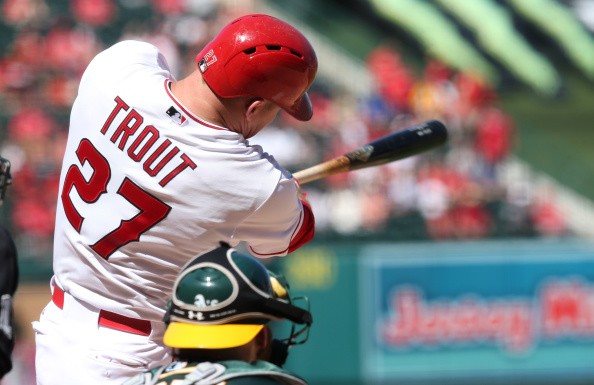 Mike Trout #27 of the Los Angeles Angels 
