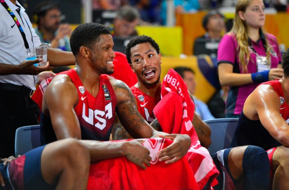 Rudy Gay #8 and Derrick Rose #6 of the USA Basketball Men's