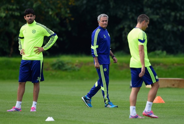 Diego Costa and manager Jose Mourinho of Chelsea 