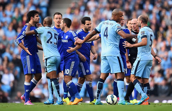 Pablo Zabaleta of Manchester City is separated from Diego Costa of Chelsea