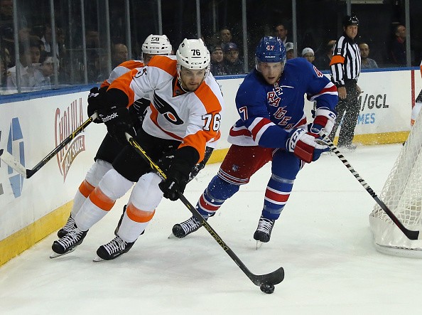 Chris Vande Velde #76 of the Philadelphia Flyers skates against the New York Rangers