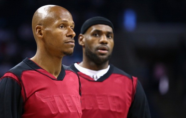 Ray Allen #34 of the Miami Heat and teammate LeBron James