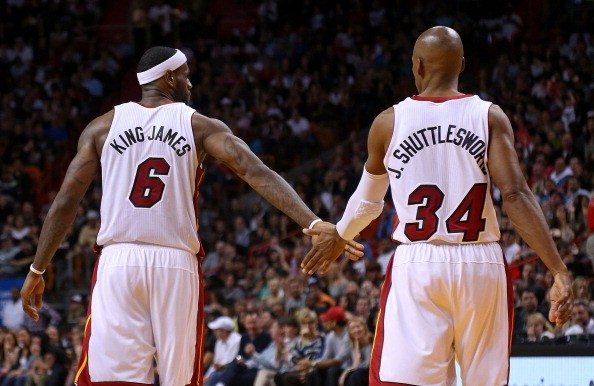LeBron James #6 and Ray Allen #34 of the Miami Heat