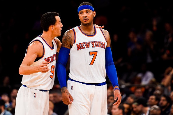 Pablo Prigioni #9 of the New York Knicks speaks to Carmelo Anthony