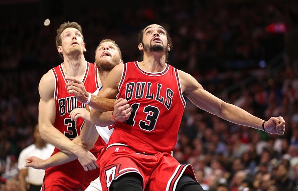 Joakim Noah #13 and Mike Dunleavy #34 of the Chicago Bulls 