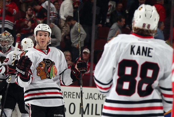 Andrew Shaw #65 and Patrick Kane #88 of the Chicago Blackhawks