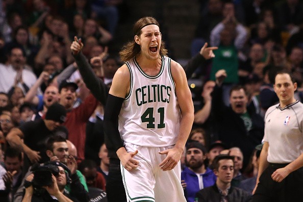 Kelly Olynyk #41 of the Boston Celtics celebrates 