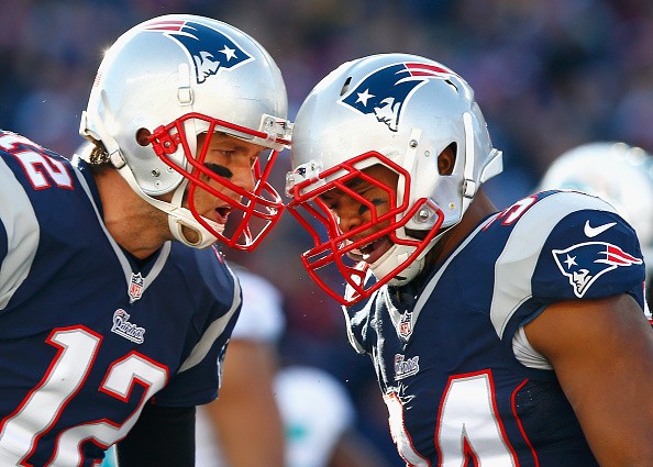 Tom Brady #12 and Shane Vereen #34 of the New England Patriots 