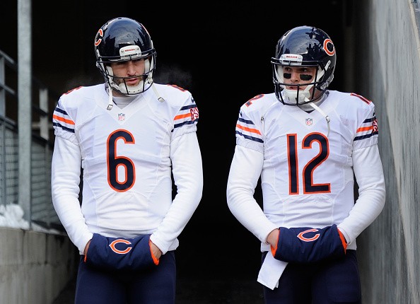 Jay Cutler #6 and David Fales #12 of the Chicago Bears 