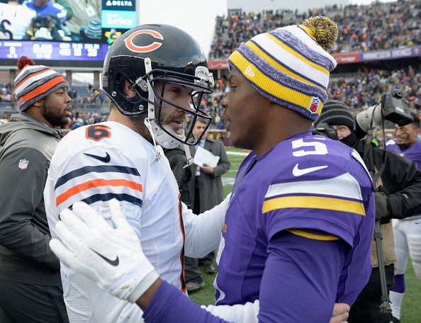 Jay Cutler #6 of the Chicago Bears and Teddy Bridgewater