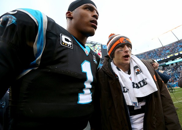 Cam Newton #1 of the Carolina Panthers and Johnny Manziel #2 of the Cleveland Browns