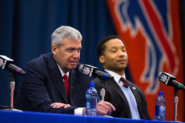 Rex Ryan speaks while manager Doug Whaley