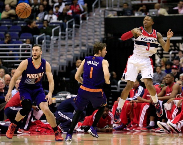 Bradley Beal #3 of the Washington Wizards passes the ball in front of Goran Dragic