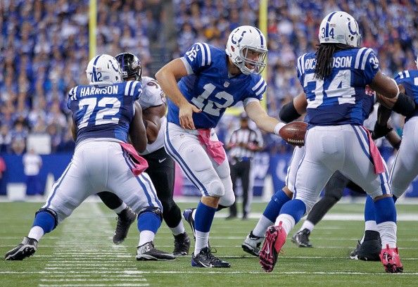 Andrew Luck #12 hands the ball off to Trent Richardson