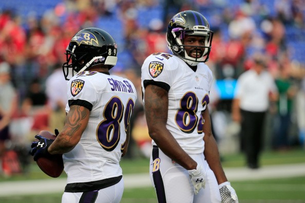 Wide receivers Steve Smith #89 (L) and Torrey Smith #82 of the Baltimore Ravens
