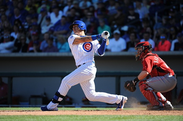 Javier Baez #9 of the Chicago Cubs bats