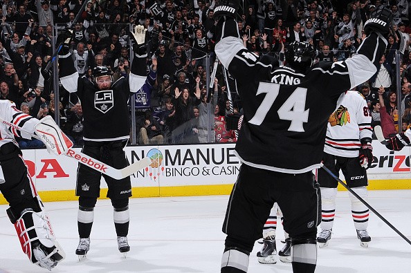 Jeff Carter #77 and Dwight King #74 of the Los Angeles Kings 