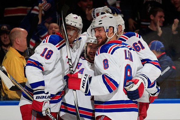 Marc Staal, Mats Zuccarello #36, and Kevin Klein #8 